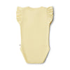 Yellow baby bodysuit with ruffled sleeves on a white background