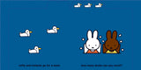Cartoon characters Miffy and Melanie with ducks on a blue background