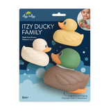 Itzy Ducky Family mold-free floats set in its retail packaging, featuring three rubber duck toys: a yellow one, a cream/off-white one, and a duck-shaped one with a green head, brown body, and orange beak.