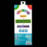 The back of a hanging retail package for a children's craft set. The package is white with colorful printed graphics and text including 'COLOR BURST', 'Set of 3', 'Easy grip shape for little hands to create!', and '18 Classic Colors'.