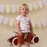 Snuggle Hunny Biscuit organic cotton toddler shorts in warm brown, Size 1, featuring ribbed fabric and an elasticated waistband.