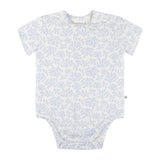 Baby onesie with a light blue floral pattern on a white background