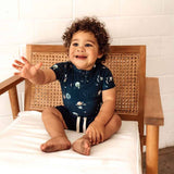 Snuggle Hunny Moonlight organic cotton toddler shorts in deep blue, Size 1, featuring a ribbed fabric and elasticated waistband.