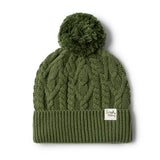 Green knit beanie with pom-pom on a white background