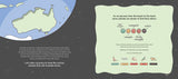 An educational poster or book cover featuring a dark starry space background with a light blue and green map of Australia on the left, and a pale green text panel on the right explaining animal classification with small illustrations.
