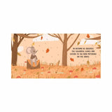 Illustration of a mouse in an autumn setting with text.