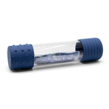 Clear tube with blue silicone ends containing a blue substance on a white background