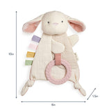 Plush rabbit toy with a rattle, shown with measurements on a white background
