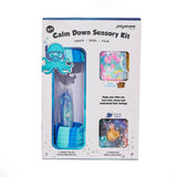 Jellystone Designs DIY Calm Down Sensory Kit in its original retail packaging, featuring a blue underwater-themed sensory bottle and three colorful sensory elements.