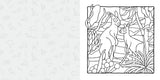 Black and white line art coloring page featuring a forest scene with deer, plants, and foliage, shown on a light gray background with subtle repeating line motifs.
