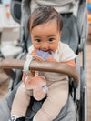 Baby sitting in a stroller holding a purple toy, with a blurred background
