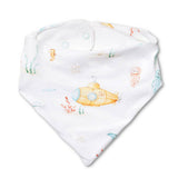 A white cotton bandana bib with a watercolor underwater theme, featuring a yellow submarine, jellyfish, starfish, and seahorse illustrations.
