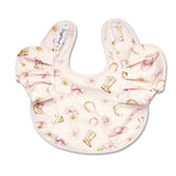 A baby bib with a western-themed print featuring cowboy boots, horseshoes, pink bows, and flowers on a pale pink background. The bib has ruffled shoulder straps and a white neck label with the brand name 'Sofia's'.