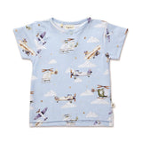 Snuggle Hunny Taking Flight organic cotton short sleeve toddler top in Size 1 featuring a colourful aeroplane and helicopter print.