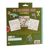 Packaging of a 'My Colouring Book & Stickers' set with illustrations on a green background.