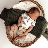 Newborn baby sleeping in a wicker basket with green blanket and white blanket