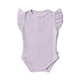 Purple baby romper with ruffled sleeves on a white background