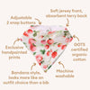 Floral bandana bib with text highlighting features on a white background
