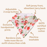 Floral bandana bib with text highlighting features on a white background