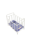 White metal crib with blue mattress on a white background