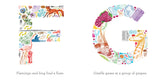 A children's book or art print featuring two large decorative letters, F and G, filled with colorful illustrated scenes. The letter F shows a flamingo, frog, flute, flowers, and other playful motifs, with the caption 'Flamingo and frog find a flute.