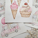 A styled flat-lay of watercolor art prints featuring pink ice cream cones and cupcakes with cherries, alongside pink and cream ice cream truck illustrations, arranged on a light surface with small dried flowers.