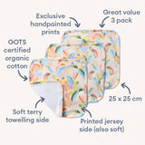 Three organic cotton baby blankets with handpainted prints, soft terrycloth side, and printed jersey side on a white background.