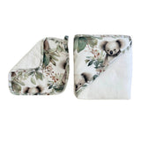 Two baby blankets with a koala and eucalyptus leaf print on a white background, one folded over to show the soft white sherpa lining and the other laid flat showing the printed side.