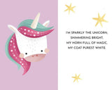 Cartoon unicorn with a purple background and stars, featuring a poem about a unicorn.