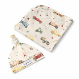 Baby hat and blanket set with vintage car pattern on a white background