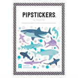 Packaging of Pipsticks shark stickers with a striped border on a white background