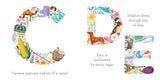 A children's educational art print featuring the letters C, D, and E, each filled with colorful watercolor illustrations of animals and objects associated with the corresponding word. The print is set against a clean white background with English text captions explaining the meanings of the letters.