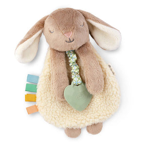 Plush bunny toy with teething ring and colorful tabs on a white background