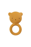 Yellow bear-shaped teething ring on a white background