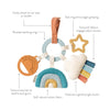Baby toy with various features labeled on a white background