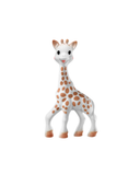 A white giraffe toy with brown spots, standing on a plain white background.