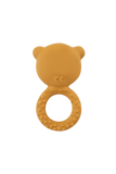 Yellow bear-shaped teething ring on a white background