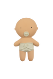 Baby doll with a pacifier and diaper on a white background