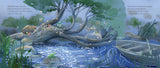 Illustration of a serene pond scene with a tree branch, fish, and a boat at night.