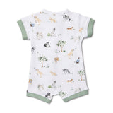 A baby short-sleeve romper with a white body covered in a watercolor-style print of various dogs and small trees, finished with sage green ribbed trim on the sleeves and leg cuffs, shown against a plain white background.