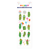 Sheet of colorful pickle stickers with various poses and accessories on a white background.