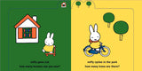 Illustrations of a rabbit character with a house and trees on a yellow background
