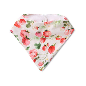 Baby bib with strawberry pattern on a white background