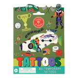 Pack of temporary tattoos with racing theme on a green background