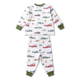 Children's pajama set with car pattern on a white background