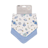 Pack of two baby bandana bibs with space-themed design on a white background