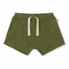 Green shorts with a drawstring on a white background