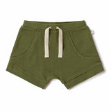 Green shorts with a drawstring on a white background
