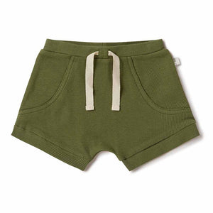 Green shorts with a drawstring on a white background