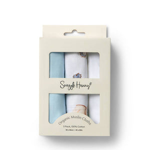 Pack of organic muslin cloths in packaging with 'Snuggle Hunny' branding.